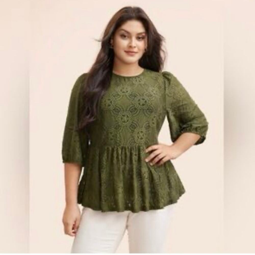 BloomChic Olive Green Lace Peplum Blouse